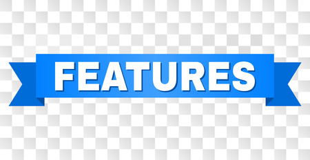 FEATURES text on a ribbon. Designed with white title and blue stripe. Vector banner with FEATURES tag on a transparent background.のイラスト素材