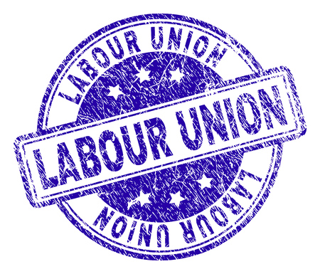 LABOUR UNION stamp seal imprint with distress texture. Designed with rounded rectangles and circles. Blue vector rubber print of LABOUR UNION text with scratched texture.のイラスト素材