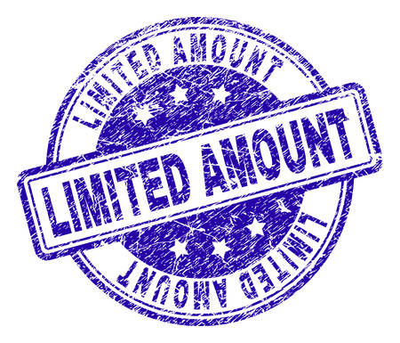 LIMITED AMOUNT stamp seal imprint with distress texture. Designed with rounded rectangles and circles. Blue vector rubber print of LIMITED AMOUNT tag with dirty texture.のイラスト素材