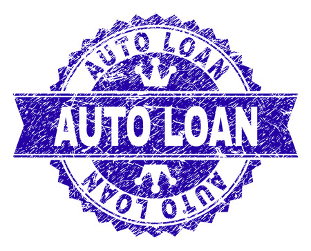 AUTO LOAN rosette seal overlay with grunge style. Designed with round rosette, ribbon and small crowns. Blue vector rubber print of AUTO LOAN title with grunge style.のイラスト素材