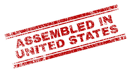 ASSEMBLED IN UNITED STATES seal print with distress effect. Red vector rubber print of ASSEMBLED IN UNITED STATES title with scratched texture. Text title is placed between double parallel lines.のイラスト素材