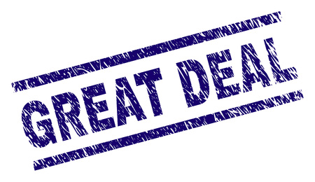 GREAT DEAL seal watermark with grunge style. Blue vector rubber print of GREAT DEAL text with grunge texture. Text label is placed between parallel lines.のイラスト素材