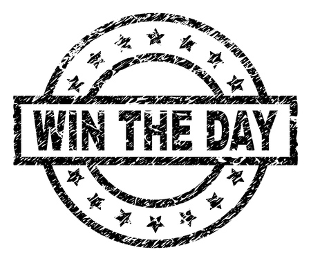 WIN THE DAY stamp seal watermark with distress style. Designed with rectangle, circles and stars. Black vector rubber print of WIN THE DAY text with dirty texture.のイラスト素材