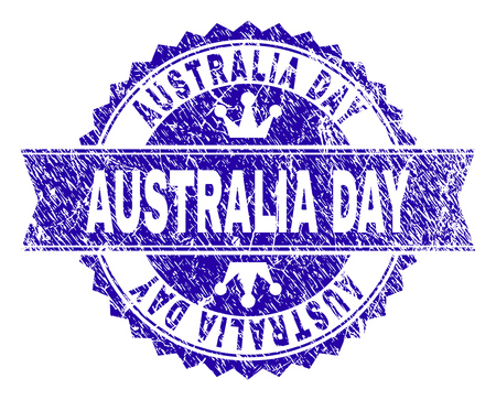 AUSTRALIA DAY rosette stamp seal overlay with grunge texture. Designed with round rosette, ribbon and small crowns. Blue vector rubber watermark of AUSTRALIA DAY text with dust texture.のイラスト素材