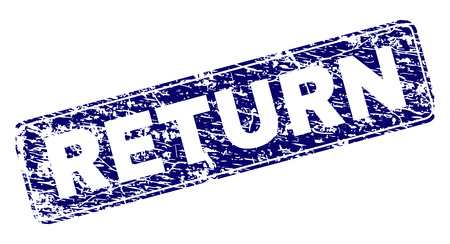 RETURN stamp seal print with grunge texture. Seal shape is a rounded rectangle with frame. Blue vector rubber print of RETURN tag with dust texture.のイラスト素材