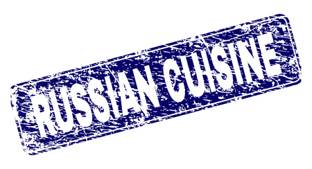 RUSSIAN CUISINE stamp seal print with distress texture. Seal shape is a rounded rectangle with frame. Blue vector rubber print of RUSSIAN CUISINE tag with grunge texture.のイラスト素材