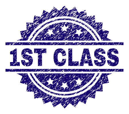 1ST CLASS stamp seal watermark with distress style. Blue vector rubber print of 1ST CLASS text with scratched texture.のイラスト素材
