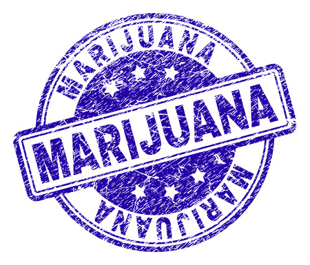 MARIJUANA stamp seal watermark with grunge style. Designed with rounded rectangles and circles. Blue vector rubber print of MARIJUANA caption with grunge texture.のイラスト素材