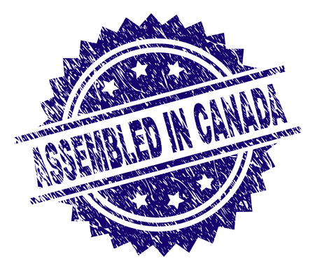 ASSEMBLED IN CANADA stamp seal watermark with distress style. Blue vector rubber print of ASSEMBLED IN CANADA text with dust texture.のイラスト素材