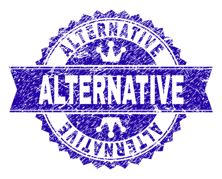 ALTERNATIVE rosette seal watermark with grunge texture. Designed with round rosette, ribbon and small crowns. Blue vector rubber watermark of ALTERNATIVE label with corroded texture.のイラスト素材