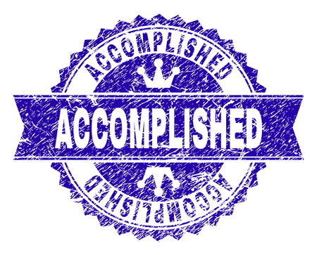 ACCOMPLISHED rosette stamp overlay with grunge style. Designed with round rosette, ribbon and small crowns. Blue vector rubber print of ACCOMPLISHED text with grunge style.のイラスト素材