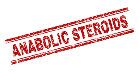 ANABOLIC STEROIDS seal print with distress style. Red vector rubber print of ANABOLIC STEROIDS text with retro texture. Text label is placed between double parallel lines.のイラスト素材