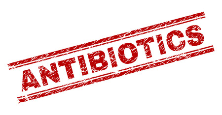 ANTIBIOTICS seal imprint with grunge effect. Red vector rubber print of ANTIBIOTICS text with grunge texture. Text caption is placed between double parallel lines.のイラスト素材