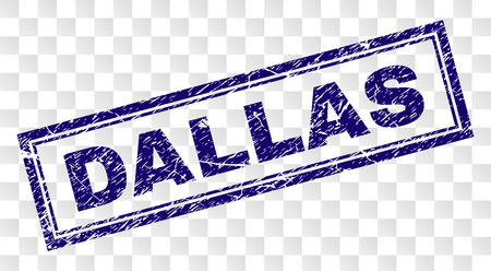 DALLAS stamp seal watermark with rubber print style and double framed rectangle shape. Stamp is placed on a transparent background. Blue vector rubber print of DALLAS tag with retro texture.のイラスト素材