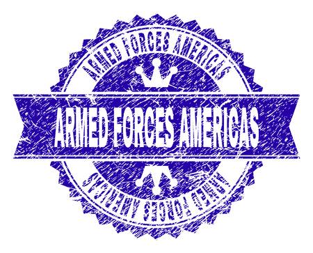 ARMED FORCES AMERICAS rosette stamp watermark with grunge texture. Designed with round rosette, ribbon and small crowns. Blue vector rubber watermark of ARMED FORCES AMERICAS text with grunge texture.のイラスト素材