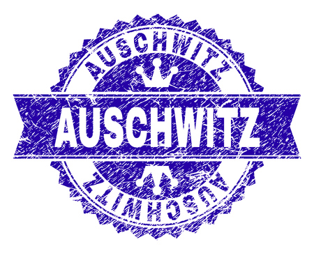 AUSCHWITZ rosette stamp seal watermark with grunge style. Designed with round rosette, ribbon and small crowns. Blue vector rubber watermark of AUSCHWITZ caption with dust style.のイラスト素材