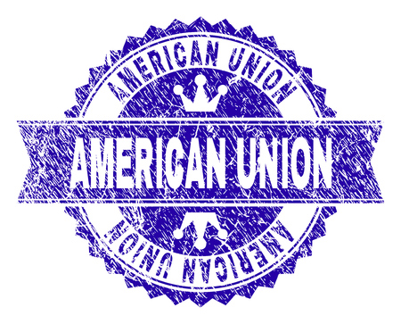 AMERICAN UNION rosette stamp imitation with grunge style. Designed with round rosette, ribbon and small crowns. Blue vector rubber watermark of AMERICAN UNION tag with scratched style.のイラスト素材