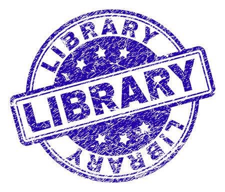 LIBRARY stamp seal watermark with grunge style. Designed with rounded rectangles and circles. Blue vector rubber print of LIBRARY title with grunge texture.のイラスト素材