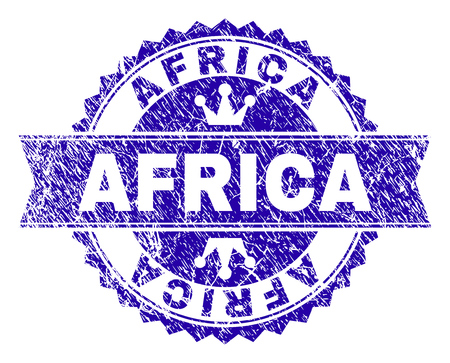AFRICA rosette stamp seal overlay with grunge style. Designed with round rosette, ribbon and small crowns. Blue vector rubber print of AFRICA title with grunge style.のイラスト素材