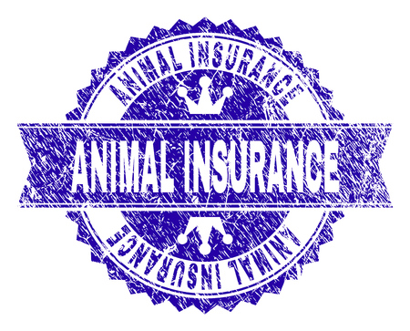 ANIMAL INSURANCE rosette stamp seal imprint with grunge texture. Designed with round rosette, ribbon and small crowns. Blue vector rubber watermark of ANIMAL INSURANCE caption with grunge texture.のイラスト素材