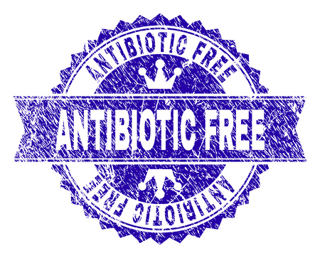 ANTIBIOTIC FREE rosette stamp watermark with grunge texture. Designed with round rosette, ribbon and small crowns. Blue vector rubber print of ANTIBIOTIC FREE tag with grunge texture.のイラスト素材