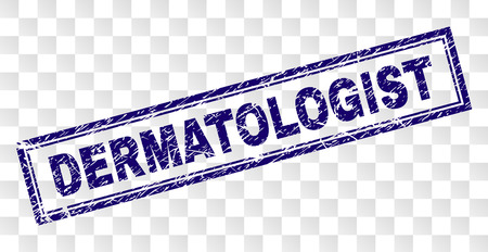 DERMATOLOGIST stamp seal print with rubber print style and double framed rectangle shape. Stamp is placed on a transparent background.のイラスト素材
