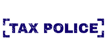TAX POLICE label seal print with distress texture. Text tag is placed between corners. Blue vector rubber print of TAX POLICE with unclean texture.のイラスト素材
