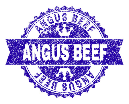 ANGUS BEEF rosette stamp watermark with distress style. Designed with round rosette, ribbon and small crowns. Blue vector rubber watermark of ANGUS BEEF caption with corroded style.のイラスト素材