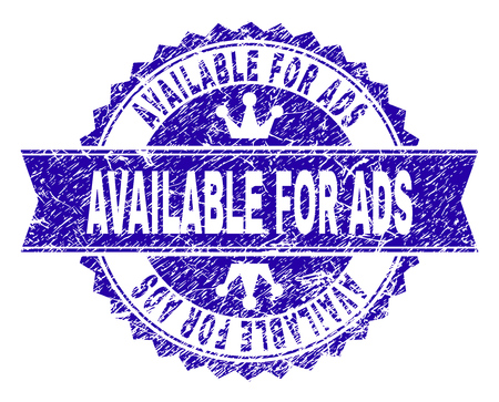 AVAILABLE FOR ADS rosette seal overlay with grunge texture. Designed with round rosette, ribbon and small crowns. Blue vector rubber watermark of AVAILABLE FOR ADS text with corroded texture.のイラスト素材