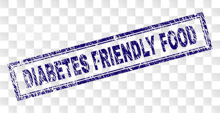 DIABETES FRIENDLY FOOD stamp seal watermark with rubber print style and double framed rectangle shape. Stamp is placed on a transparent background.のイラスト素材