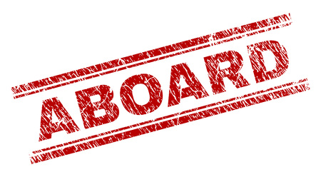 ABOARD seal watermark with grunge effect. Red vector rubber print of ABOARD caption with grunge texture. Text caption is placed between double parallel lines.のイラスト素材