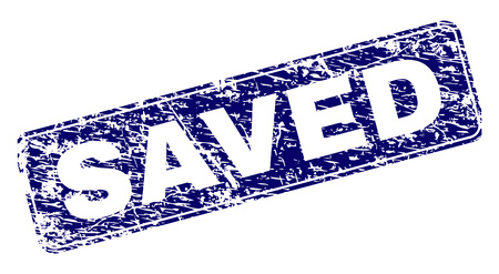 SAVED stamp seal imprint with grunge texture. Seal shape is a rounded rectangle with frame. Blue vector rubber print of SAVED label with scratched texture.のイラスト素材