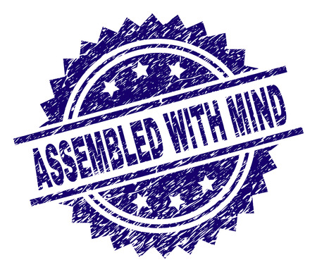 ASSEMBLED WITH MIND stamp seal watermark with distress style. Blue vector rubber print of ASSEMBLED WITH MIND title with retro texture.のイラスト素材