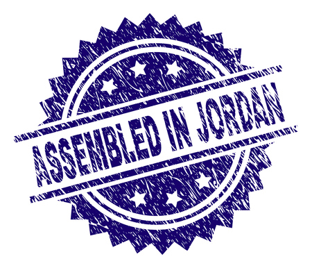 ASSEMBLED IN JORDAN stamp seal watermark with distress style. Blue vector rubber print of ASSEMBLED IN JORDAN title with dust texture.のイラスト素材