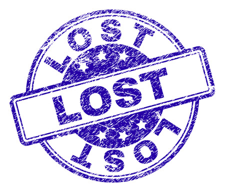 LOST stamp seal watermark with grunge texture. Designed with rounded rectangles and circles. Blue vector rubber print of LOST label with dust texture.のイラスト素材