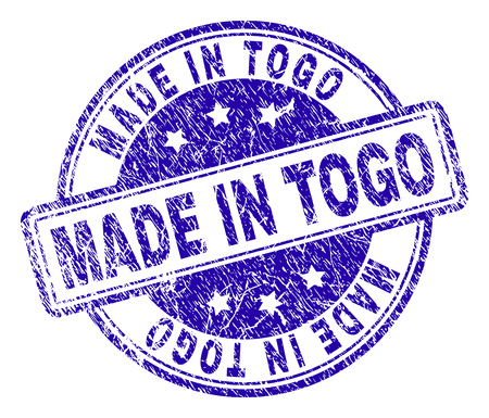 MADE IN TOGO stamp seal imprint with distress texture. Designed with rounded rectangles and circles. Blue vector rubber print of MADE IN TOGO caption with corroded texture.のイラスト素材
