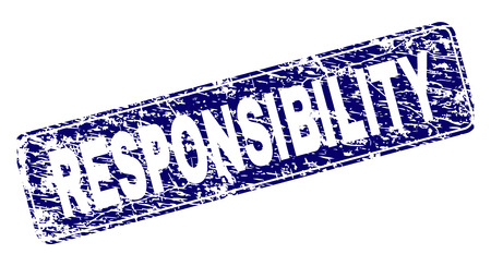 RESPONSIBILITY stamp seal print with distress style. Seal shape is a rounded rectangle with frame. Blue vector rubber print of RESPONSIBILITY label with unclean style.のイラスト素材