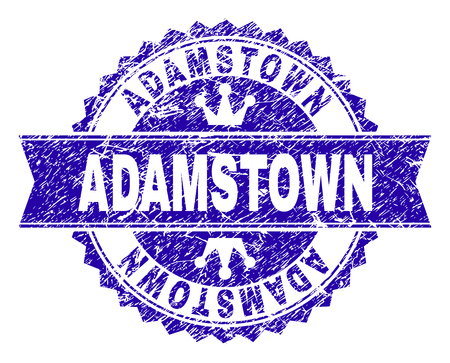 ADAMSTOWN rosette seal imitation with distress texture. Designed with round rosette, ribbon and small crowns. Blue vector rubber watermark of ADAMSTOWN title with corroded texture.のイラスト素材