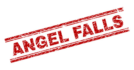 ANGEL FALLS seal watermark with grunge texture. Red vector rubber print of ANGEL FALLS caption with retro texture. Text caption is placed between double parallel lines.のイラスト素材