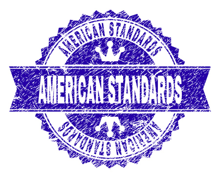 AMERICAN STANDARDS rosette stamp watermark with grunge texture. Designed with round rosette, ribbon and small crowns. Blue vector rubber watermark of AMERICAN STANDARDS title with dust texture.のイラスト素材