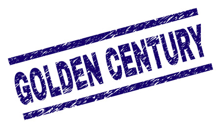 GOLDEN CENTURY seal print with scratced style. Blue vector rubber print of GOLDEN CENTURY text with scratched texture. Text label is placed between parallel lines.のイラスト素材