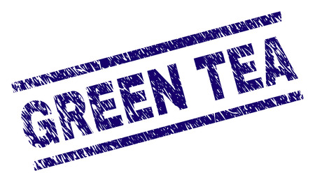GREEN TEA seal watermark with grunge style. Blue vector rubber print of GREEN TEA text with grunge texture. Text tag is placed between parallel lines.のイラスト素材