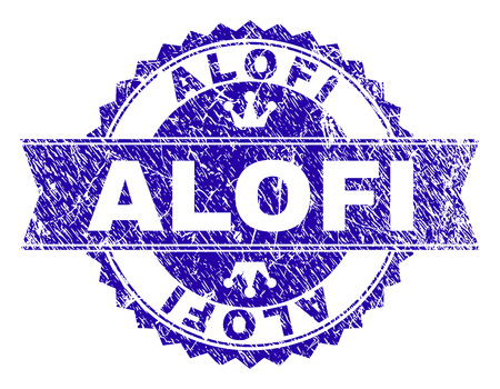 ALOFI rosette stamp watermark with grunge texture. Designed with round rosette, ribbon and small crowns. Blue vector rubber print of ALOFI tag with grunge texture.のイラスト素材