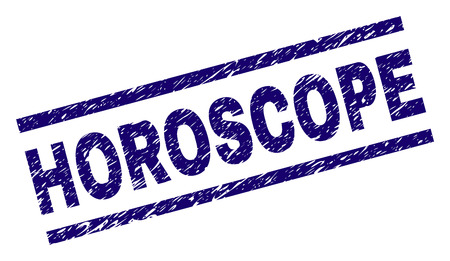 HOROSCOPE seal print with scratced style. Blue vector rubber print of HOROSCOPE caption with scratched texture. Text title is placed between parallel lines.のイラスト素材