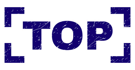 TOP tag seal print with grunge texture. Text tag is placed between corners. Blue vector rubber print of TOP with dirty texture.のイラスト素材