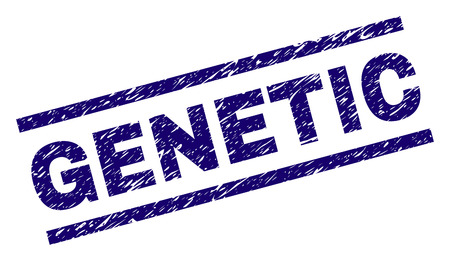 GENETIC seal print with grunge style. Blue vector rubber print of GENETIC text with scratched texture. Text label is placed between parallel lines.のイラスト素材