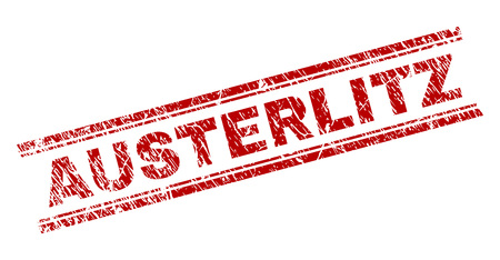AUSTERLITZ seal print with grunge effect. Red vector rubber print of AUSTERLITZ label with corroded texture. Text label is placed between double parallel lines.のイラスト素材