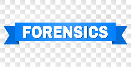 FORENSICS text on a ribbon. Designed with white title and blue stripe. Vector banner with FORENSICS tag on a transparent background.のイラスト素材