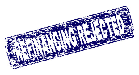 REFINANCING REJECTED stamp seal print with distress texture. Seal shape is a rounded rectangle with frame. Blue vector rubber print of REFINANCING REJECTED caption with corroded texture.のイラスト素材