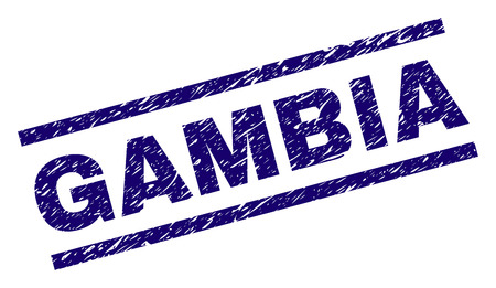 GAMBIA seal imprint with scratced style. Blue vector rubber print of GAMBIA text with dirty texture. Text tag is placed between parallel lines.のイラスト素材